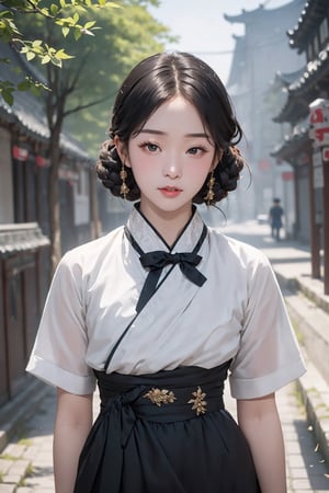 ((((1 young girl, round chin, small eyes, cute face, An strong impression 18-Year-Old Korean female student at 1920s)))), (Black Hair, braided hair back), (Dressed in white and black color Korean hanbok), (Foggy Seoul Streets at 1920s), (Dynamic Pose:1.4), Centered, (Waist-up Shot:1.4), From Front Shot, Insane Details, Intricate Face Detail, Intricate Hand Details, Cinematic Shot and Lighting, Realistic and Vibrant Colors, Masterpiece, Sharp Focus, Ultra Detailed, Incredibly Realistic Environment and Scene, 