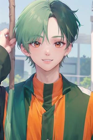 (((solo, looking at viewer))),(masterpiece, best quality), (((1boy, 20yo, handsome face, green color hair, green shot hair, stick out hair))),  (((black color gym suit, orange color stripes))), big smile, blue sky, park background,kpop,boy