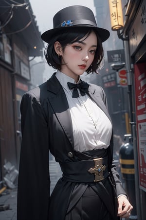 (An strong impression 30-Year-Old Korean male independence activist at 1920s), (Black Hair, short hair, mustache, 1920s Fedora), (Inquisitive Sapphire Gaze:1.4), (Dressed in 1920s style Black 
 thick and long coat, formal suit), (Foggy Seoul Streets at 1920s), (Dynamic Pose:1.4), Centered, (Waist-up Shot:1.4), From Front Shot, Insane Details, Intricate Face Detail, Intricate Hand Details, Cinematic Shot and Lighting, Realistic and Vibrant Colors, Masterpiece, Sharp Focus, Ultra Detailed, Incredibly Realistic Environment and Scene, 