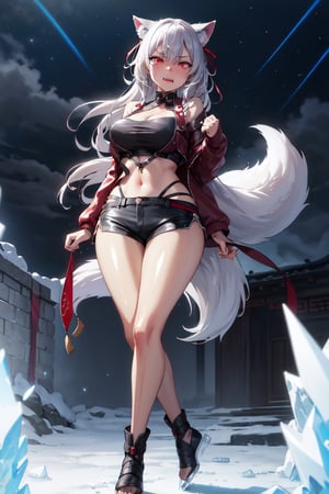 Fox Girl, ((High Quality)), ((Detailed)), Masterpiece, Angry, Dressed, Tight Leather Jacket, Shorts, Red Eyes, Long Hair Covering Eyes, White Hair, Bright Red Lips, Tear Traces, Sharp Fangs, crowd of onlookers, flashing eyes, dark background, unforgettable, heavy heart, hatred, ((Midnight)), harsh roar, mysterious atmosphere, dark red lights, eyes containing anger, The atmosphere is tense, ((Chinese-style ancient building)), gorgeous decorations, mysterious veils, ancient bells, ((howling wind)), ((lightning piercing the night sky)), ((rainbow crossing the darkness)) , the charming night scene, ((drizzle)), ((moonlight filled the earth)), illuminated the fox girl’s pale face, ((transparent ice rain under her feet)), forming a fantasy painting