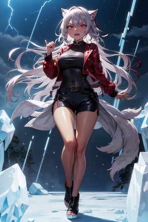 Fox Girl, ((High Quality)), ((Detailed)), Masterpiece, Angry, Dressed, Tight Leather Jacket, Shorts, Red Eyes, Long Hair Covering Eyes, White Hair, Bright Red Lips, Tear Traces, Sharp Fangs, crowd of onlookers, flashing eyes, dark background, unforgettable, heavy heart, hatred, ((Midnight)), harsh roar, mysterious atmosphere, dark red lights, eyes containing anger, The atmosphere is tense, ((Chinese-style ancient building)), gorgeous decorations, mysterious veils, ancient bells, ((howling wind)), ((lightning piercing the night sky)), ((rainbow crossing the darkness)) , the charming night scene, ((drizzle)), ((moonlight filled the earth)), illuminated the fox girl’s pale face, ((transparent ice rain under her feet)), forming a fantasy painting
