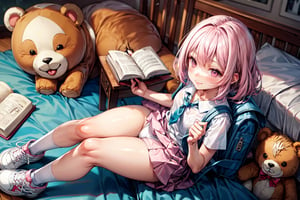((bird's eye view)), ((crystal clear)), vibrant, morning light, school uniform, pleated skirt, tie, neatly combed hair, young face, charming smile, backpack, white sneakers, bed, study, curiosity , open book, ((pink and white bear underwear)), female student, scattered underwear, sanitary napkins, after-ejaculate,ahegao_face