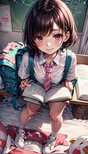 ((bird's eye view)), ((crystal clear)), vibrant, morning light, school uniform, pleated skirt, tie, neatly combed hair, young face, charming smile, backpack, white sneakers, bed, study, curiosity , open book, ((pink and white striped underwear)), female student, scattered underwear, sanitary napkins, orgasm