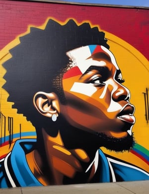 Create a striking urban mural on a wall, depicting a 20-year-old African man with rich black skin and short, coiled hair. Focus on a close-up of his face, intricately capturing details. Draw inspiration from the thought-provoking urban art of Banksy, the vibrant and colorful murals of Eduardo Kobra, and the raw, emotional graffiti style of Faith47. Craft a superior urban mural that seamlessly blends these influences into an outstanding portrayal.

