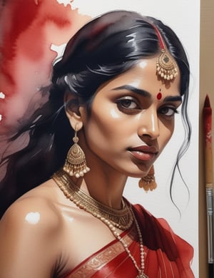 "Create a mesmerizing 4K watercolor painting capturing the exquisite beauty of an Indian woman. Focus on intricate details, portraying her caramelo skin tone, long straight black hair, and a radiant red dress. The composition should be a frontal, close-up view of her face. Ensure the final artwork reflects the level of detail seen in works by artists like John Singer Sargent, Agnes Cecile, and Raja Ravi Varma."


