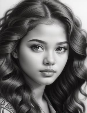 Create an intricate black and white pencil drawing artwork, portraying a 14-year-old girl of sertanejo origin with long, loose, and large curly hair. Focus on a close-up of her face, intricately capturing details in the style of black and white pencil drawing. Draw inspiration from the intricate details in pencil portraits by Diego Fazio, the expressiveness and realism in black and white portrait drawings by Paul Lung, and the unique style of Morgan Davidson in pencil portraits. Craft a superior black and white pencil drawing that seamlessly blends these influences into an outstanding portrayal.

