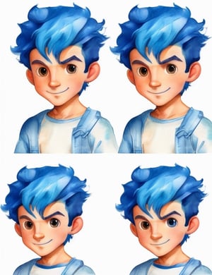 Blue hair boy character sheet, style by watercolor paint