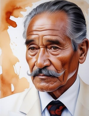 Capture the wisdom of a 60-year-old Bolivian man with fair skin, caramel-colored coiled hair, small black mustache, and deep black eyes, dressed in a luminous, glossy white suit. Focus on a close-up of his face, diving into the intricate details. Channel the aquarelle finesse of Lorraine Watry, infuse the nuanced expressiveness seen in Anna Brigitta Kovacs' close-ups, and incorporate the subtle portraiture style of Karlyn Holman's watercolor works. Deliver a superior watercolor masterpiece that seamlessly blends these influences into an exceptional portrayal.

