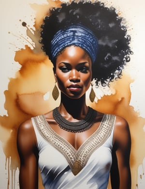 "Craft a stunning 4K watercolor painting depicting the grace of an African woman. Concentrate on intricate details, showcasing her deep black, short, curly hair, and a luminous white dress. The composition should offer a frontal, close-up view of her face. Aim for extreme details reminiscent of artists like Kehinde Wiley, Mary Whyte, and Wangechi Mutu."

