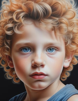 Create a detailed colored pencil artwork, portraying a 10-year-old boy of Amazonian origin with white skin, spiky and curly hair, drawn on a sheet. Focus on a close-up of his face, intricately capturing details in the style of colored pencil art. Draw inspiration from the intricate details of Marco Mazzoni's colored pencil art, the colorful and expressive works of Polina Bright, and the realistic and detailed style of Karla Mialynne in colored pencil drawings. Craft a superior colored pencil artwork that seamlessly blends these influences into an outstanding portrayal.

