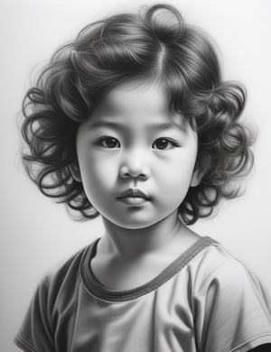 Create an intricate black and white pencil drawing artwork, portraying a 5-year-old Asian child with curly hair. Focus on a close-up of the child's face, intricately capturing details in the style of black and white pencil drawing. Draw inspiration from the intricate details in pencil portraits by Diego Fazio, the expressiveness and realism in black and white portrait drawings by Paul Lung, and the unique style of Morgan Davidson in pencil portraits. Craft a superior black and white pencil drawing that seamlessly blends these influences into an outstanding portrayal.

