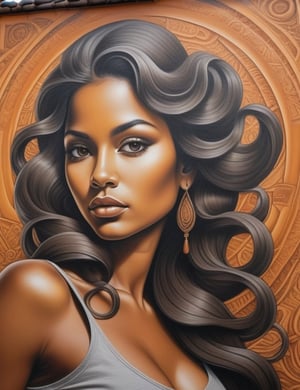 Craft an evocative graphite mural on a wall featuring a 30-year-old Venezuelan woman with caramel skin and tightly curled, brown-hued hair. Focus on a close-up of her face, intricately capturing details. Draw inspiration from the muralistic elegance of El Mac's art, the vibrant and symbolic storytelling found in Gleo's wall graffiti, and the fantastical world-building approach of Curiot's urban murals. Create a superior wall mural that seamlessly blends these influences into an exceptional portrayal.

