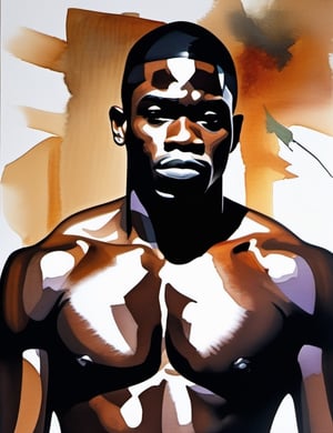 "Create a powerful 4K watercolor painting featuring an African man. Pay meticulous attention to details, highlighting his rich black skin tone, full lips, and muscular physique without a shirt. Focus on conveying emotion through his gaze. Keep the background simple. Aim for extreme details reminiscent of artists like Edoardo Gellner, Charles Demuth, and Elizabeth Peyton. Additionally, edit the final image using Adobe Premiere for an enhanced visual experience."

