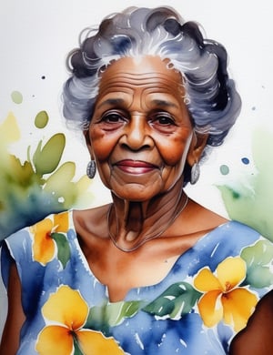 Create a vivid watercolor painting featuring an elderly Brazilian woman, around 70 years old. Emphasize her rich, dark skin tone and gracefully curled, gray hair. The focal point should be a close-up of her face, capturing the beauty of her aged features. She wears a floral dress that complements the vibrancy of the watercolor medium, highlighting the essence of her cultural heritage.

