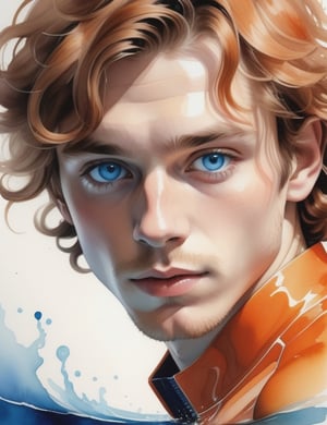 Illuminate the youthful energy of a 20-year-old Norwegian man with fair skin, slightly wavy, curly hair, captivating blue eyes, and adorned in a luminous, glossy orange suit. Focus on a close-up of his face, diving into the intricate details. Channel the aquarelle finesse of Birgit O'Connor, infuse the emotive depth seen in Agnes Cecile's close-ups, and incorporate the refined portraiture style of Thomas W. Schaller's watercolor works. Deliver a superior watercolor masterpiece that seamlessly blends these influences into an exceptional portrayal.

