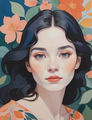 Create a vivid gouache art piece, portraying a 60-year-old French woman with fair skin and straight, wavy hair. Focus on a close-up of her face, intricately capturing details in the style of gouache art. Draw inspiration from the vibrant works of Lisa Congdon in gouache, gouache art by Audrey Kawasaki, and the delicate style of Agnes Cecile in gouache paintings. Craft a superior gouache art piece that seamlessly blends these influences into an outstanding portrayal.

