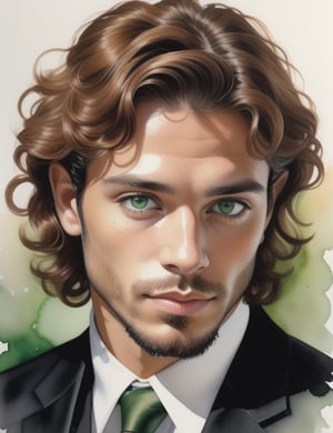 Illuminate the charm of a 30-year-old Mexican man with fair skin, caramel-colored curls, and captivating green eyes, adorned in a glossy black suit. Zoom in for a close-up of his face, capturing the intricate details. Harness the aquarelle expertise of Ester Roi, infuse the expressive depth seen in Agnes Cecile's close-ups, and incorporate the lifelike quality of Steve Hanks' watercolor portraits. Deliver a top-tier watercolor masterpiece that seamlessly combines these influences into a superior portrayal.

