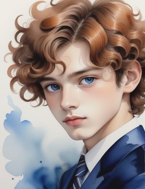 Evoke the youthful charm of a 15-year-old French boy with fair skin, caramel-colored curly hair, and deep black eyes, adorned in a vibrant, glossy blue suit. Zoom in for a close-up of his face, delving into the intricate details. Channel the aquarelle mastery of Cheng Lian, infuse the captivating expressiveness seen in Elena Romanova's close-ups, and incorporate the delicate portraiture style of Alena Kudriashova's watercolor works. Deliver a top-tier watercolor masterpiece that seamlessly blends these influences into an outstanding portrayal.

