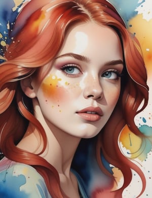 Create a mesmerizing splash artwork with vibrant watercolor-style colors, portraying a 20-year-old Russian woman with fair skin and tightly curled, unified red hair. Focus on a close-up of her face, intricately capturing details in the style of watercolor splashes. Draw inspiration from the vibrant works of Yellena James, the splash art of Corinne Viner, and the expressive watercolors of Joseph Zbukvic. Craft a superior splash artwork that seamlessly blends these influences into an outstanding portrayal.

