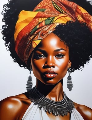 "Craft a stunning 4K watercolor painting depicting the grace of an African woman. Concentrate on intricate details, showcasing her deep black, short, curly hair, and a luminous white dress. The composition should offer a frontal, close-up view of her face. Aim for extreme details reminiscent of artists like Kehinde Wiley, Mary Whyte, and Wangechi Mutu."

