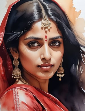 "Create a mesmerizing 4K watercolor painting capturing the exquisite beauty of an Indian woman. Focus on intricate details, portraying her caramelo skin tone, long straight black hair, and a radiant red dress. The composition should be a frontal, close-up view of her face. Ensure the final artwork reflects the level of detail seen in works by artists like John Singer Sargent, Agnes Cecile, and Raja Ravi Varma."


