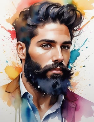 Craft a captivating splash artwork with vibrant watercolor-style colors, portraying a 30-year-old Israeli man with fair skin, a large black beard, and tightly curled, unified hair. Focus on a close-up of his face, intricately capturing details in the style of watercolor splashes. Draw inspiration from the vibrant works of Yellena James, the splash art of Corinne Viner, and the expressive watercolors of Joseph Zbukvic. Create a superior splash artwork that seamlessly blends these influences into an outstanding portrayal.

