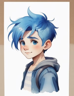 Blue hair boy character sheet, style by watercolor paint