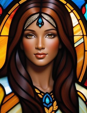 Craft the radiance of stained glass artistry portraying a beautiful, cinnamon-toned maiden in her twenties. Her long, sleek, black hair cascades gracefully, complementing the rich, cinnamon complexion. In this close-up, the interplay of hues captures the essence of her allure. Illuminate the intricate details of her smooth, long hair, highlighting the subtleties in her eyes. Convey the captivating beauty through the vibrant tones, allowing the medium of stained glass to showcase the grace and elegance of this young woman.

