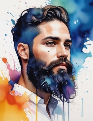 Craft a captivating splash artwork with vibrant watercolor-style colors, portraying a 30-year-old Israeli man with fair skin, a large black beard, and tightly curled, unified hair. Focus on a close-up of his face, intricately capturing details in the style of watercolor splashes. Draw inspiration from the vibrant works of Yellena James, the splash art of Corinne Viner, and the expressive watercolors of Joseph Zbukvic. Create a superior splash artwork that seamlessly blends these influences into an outstanding portrayal.

