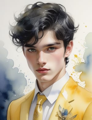 Illuminate the youthful vibrance of a 19-year-old Austrian man with fair skin, straight black hair, deep black eyes, and adorned in a luminous, glossy yellow suit. Focus on a close-up of his face, diving into the intricate details. Channel the aquarelle finesse of Birgit O'Connor, infuse the fantastical expressiveness seen in Stephanie Law's close-ups, and incorporate the refined portraiture style of Joseph Zbukvic's watercolor works. Deliver a superior watercolor masterpiece that seamlessly blends these influences into an exceptional portrayal.

