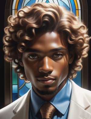 Capture the radiant essence of stained glass painting portraying a 20-year-old man of African descent. His crisp, caramel-hued curls frame a face with a rich, dark mocha complexion. In this close-up, the brilliance of a lustrous white suit enhances his dignified presence. Explore the interplay of vibrant tones, translating the intricate play of light through the glass medium onto his features. Illuminate the intricate patterns of his hair, the nuanced expressions in his eyes, and the cultural significance embedded in every stroke.


