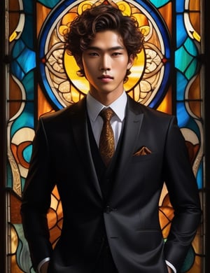 Channel the luminosity of stained glass painting to depict a 20-year-old Asian man. His fair complexion serves as a radiant canvas, complementing the caramel hues of his curly, coiled hair. In this close-up, the brilliance of a glossy black suit accentuates his refined presence. Illuminate the intricate details of his textured, curly hair, capturing the nuanced expressions in his eyes. Convey the cultural essence through the interplay of vibrant hues, allowing the stained glass medium to showcase the uniqueness and sophistication of this young man.

