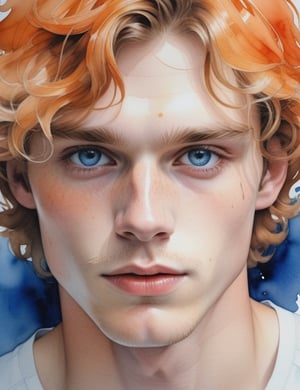 Illuminate the youthful energy of a 20-year-old Norwegian man with fair skin, slightly wavy, curly hair, captivating blue eyes, and adorned in a luminous, glossy orange suit. Focus on a close-up of his face, diving into the intricate details. Channel the aquarelle finesse of Birgit O'Connor, infuse the emotive depth seen in Agnes Cecile's close-ups, and incorporate the refined portraiture style of Thomas W. Schaller's watercolor works. Deliver a superior watercolor masterpiece that seamlessly blends these influences into an exceptional portrayal.

