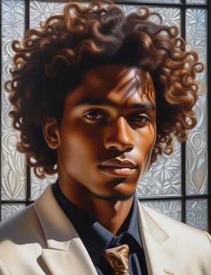 Capture the radiant essence of stained glass painting portraying a 20-year-old man of African descent. His crisp, caramel-hued curls frame a face with a rich, dark mocha complexion. In this close-up, the brilliance of a lustrous white suit enhances his dignified presence. Explore the interplay of vibrant tones, translating the intricate play of light through the glass medium onto his features. Illuminate the intricate patterns of his hair, the nuanced expressions in his eyes, and the cultural significance embedded in every stroke.


,photorealistic