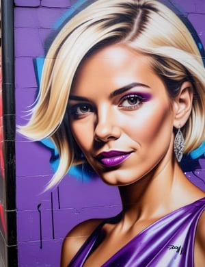 Create a vibrant graffiti mural portraying a 20-year-old Spanish woman with short, straight, blonde hair, fair skin, and wearing a shiny purple dress. Emphasize a close-up of her face, capturing the essence of her personality and style. Let the graffiti style blend with the details of her features, ensuring an urban and dynamic feel.

