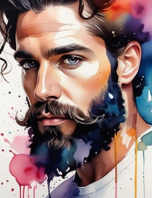 Craft a captivating splash artwork with vibrant watercolor-style colors, portraying a 30-year-old Israeli man with fair skin, a large black beard, and tightly curled, unified hair. Focus on a close-up of his face, intricately capturing details in the style of watercolor splashes. Draw inspiration from the vibrant works of Yellena James, the splash art of Corinne Viner, and the expressive watercolors of Joseph Zbukvic. Create a superior splash artwork that seamlessly blends these influences into an outstanding portrayal.

