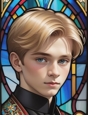 Envision the luminosity of stained glass artistry depicting a 15-year-old Russian boy. His fair complexion serves as a radiant backdrop, harmonizing with short, straight, blonde hair. In this close-up, the brilliance of a glossy black suit complements his youthful features. Illuminate the intricate details of his smooth, short hair, emphasizing the subtleties in his eyes. Convey the cultural essence through the interplay of radiant hues, capturing the purity and sophistication of Russian heritage within the captivating medium of stained glass.

