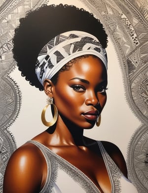 "Craft a stunning 4K watercolor painting depicting the grace of an African woman. Concentrate on intricate details, showcasing her deep black, short, curly hair, and a luminous white dress. The composition should offer a frontal, close-up view of her face. Aim for extreme details reminiscent of artists like Kehinde Wiley, Mary Whyte, and Wangechi Mutu."

