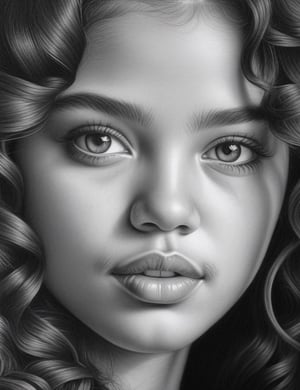 Create an intricate black and white pencil drawing artwork, portraying a 14-year-old girl of sertanejo origin with long, loose, and large curly hair. Focus on a close-up of her face, intricately capturing details in the style of black and white pencil drawing. Draw inspiration from the intricate details in pencil portraits by Diego Fazio, the expressiveness and realism in black and white portrait drawings by Paul Lung, and the unique style of Morgan Davidson in pencil portraits. Craft a superior black and white pencil drawing that seamlessly blends these influences into an outstanding portrayal.

