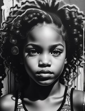 Create a captivating black and white wall splash artwork, portraying a 10-year-old African girl with straight and curly hair. Focus on a close-up of her face, intricately capturing details in the style of wall splashes. Draw inspiration from the black and white wall splash works of Ian Ross, the monochromatic mural art of Eduardo Kobra, and the distinctive style of Vhils in urban art. Craft a superior wall splash artwork that seamlessly blends these influences into an outstanding portrayal.

