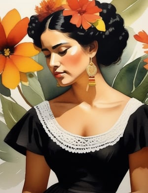 "Craft an exquisite 4K watercolor painting portraying the allure of a Mexican woman. Pay meticulous attention to details, depicting her warm, bronzed complexion, short, curly black hair, and a simple black dress. The composition should feature a frontal, close-up view of her face. Strive for extreme details inspired by artists like Diego Rivera, Frida Kahlo, and Winslow Homer."

