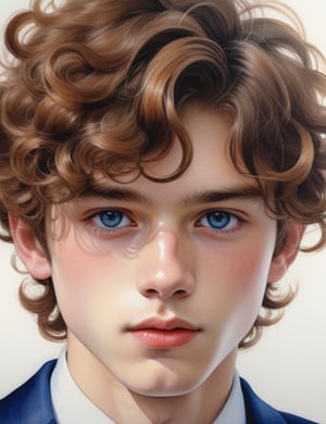 Evoke the youthful charm of a 15-year-old French boy with fair skin, caramel-colored curly hair, and deep black eyes, adorned in a vibrant, glossy blue suit. Zoom in for a close-up of his face, delving into the intricate details. Channel the aquarelle mastery of Cheng Lian, infuse the captivating expressiveness seen in Elena Romanova's close-ups, and incorporate the delicate portraiture style of Alena Kudriashova's watercolor works. Deliver a top-tier watercolor masterpiece that seamlessly blends these influences into an outstanding portrayal.

