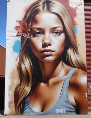 Create a captivating graphite mural on a wall featuring a 15-year-old Argentine girl with fair skin, long, straight blonde hair. Focus on a close-up of her face, bringing out intricate details. Draw inspiration from the expressive style of Rone's art, the vibrant color palette of INTI's wall graffiti, and the storytelling approach seen in Fintan Magee's urban murals. Craft a superior wall mural that seamlessly blends these influences into an outstanding portrayal.

