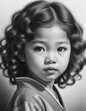 Create an intricate black and white pencil drawing artwork, portraying a 5-year-old Asian child with curly hair. Focus on a close-up of the child's face, intricately capturing details in the style of black and white pencil drawing. Draw inspiration from the intricate details in pencil portraits by Diego Fazio, the expressiveness and realism in black and white portrait drawings by Paul Lung, and the unique style of Morgan Davidson in pencil portraits. Craft a superior black and white pencil drawing that seamlessly blends these influences into an outstanding portrayal.

