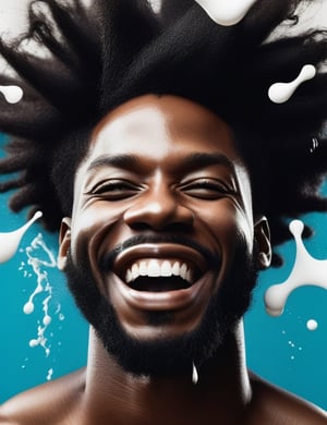 Craft a captivating splash artwork, portraying a joyful African man with rich black skin, and distinctive Afro-American-style Black Power hair. Focus on a close-up of his face, intricately capturing details in the dynamic and expressive medium of splash art. Draw inspiration from the splash photography of liquidART, the splash artworks of David Stenbeck, and the splash portraits of Alberto Seveso. Create a superior splash artwork that seamlessly blends these influences into an outstanding portrayal.

