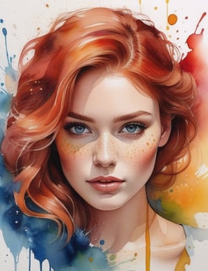 Create a mesmerizing splash artwork with vibrant watercolor-style colors, portraying a 20-year-old Russian woman with fair skin and tightly curled, unified red hair. Focus on a close-up of her face, intricately capturing details in the style of watercolor splashes. Draw inspiration from the vibrant works of Yellena James, the splash art of Corinne Viner, and the expressive watercolors of Joseph Zbukvic. Craft a superior splash artwork that seamlessly blends these influences into an outstanding portrayal.

