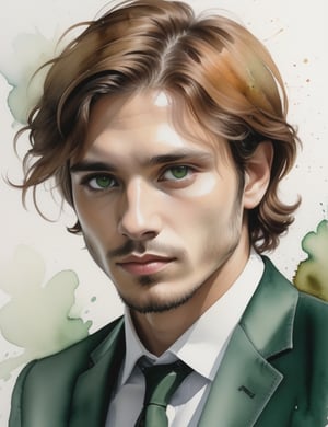 Capture the essence of a 30-year-old Uruguayan man with fair skin, caramel-colored coiled hair, and deep black eyes, adorned in a striking, glossy green suit. Zoom in for a close-up of his face, immersing in the intricate details. Channel the aquarelle expertise of Joseph Zbukvic, infuse the delicate expressiveness seen in Endre Penovác's close-ups, and incorporate the emotional depth of Agnes Cecile's watercolor portraits. Deliver an exceptional watercolor masterpiece that seamlessly blends these influences into a superior portrayal.

