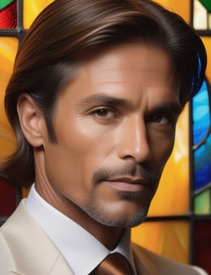 Evoke the beauty of stained glass artistry in portraying a 40-year-old man of Brazilian heritage. His sleek, caramel-colored, straight hair complements a face adorned with a rich, dark tan. In this close-up, the luminosity of a dazzling white suit enhances his refined appearance. Illuminate the intricacies of his smooth hair, capturing the nuances in his eyes, and convey the cultural essence through the interplay of radiant hues. Each stroke must articulate the essence of Brazilian warmth and elegance within the captivating medium of stained glass.

