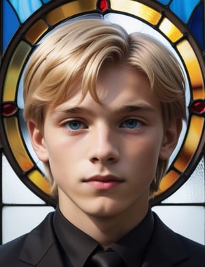 Envision the luminosity of stained glass artistry depicting a 15-year-old Russian boy. His fair complexion serves as a radiant backdrop, harmonizing with short, straight, blonde hair. In this close-up, the brilliance of a glossy black suit complements his youthful features. Illuminate the intricate details of his smooth, short hair, emphasizing the subtleties in his eyes. Convey the cultural essence through the interplay of radiant hues, capturing the purity and sophistication of Russian heritage within the captivating medium of stained glass.

