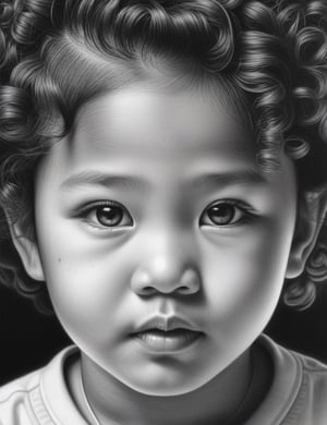 Create an intricate black and white pencil drawing artwork, portraying a 5-year-old Asian child with curly hair. Focus on a close-up of the child's face, intricately capturing details in the style of black and white pencil drawing. Draw inspiration from the intricate details in pencil portraits by Diego Fazio, the expressiveness and realism in black and white portrait drawings by Paul Lung, and the unique style of Morgan Davidson in pencil portraits. Craft a superior black and white pencil drawing that seamlessly blends these influences into an outstanding portrayal.

